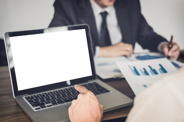 Co working conference, Business team meeting present, investor colleagues discussing new plan financial graph data on office table with laptop and digital tablet, Finance, accounting, investment