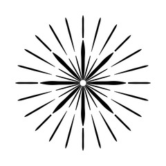 Retro Sun burst shape. Vintage logo, label, badge. Vector design element, isolated. Minimal black firework burst