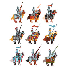 Flat vector set of medieval knights on horseback with flags and spears. Cartoon royal warriors in steel shiny armors.