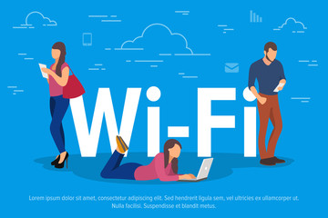 Wi-Fi concept vector illustration. People using devices for remote working and professional growth. Flat concept of young men and women using laptop for team work.