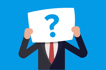 Young businessman or manager hiding behind a question mark drawn on paper. Flat vector illustration in cartoon style.