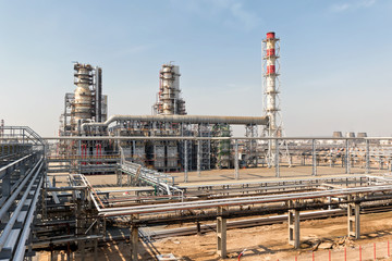 View of the new columns and chemical apparatus plant for oil refining at refinery