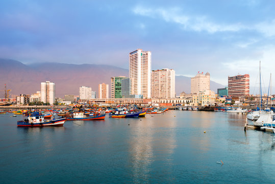 Skyline of downtown and marina of Iquique from the port, Chile.