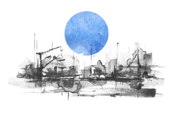Watercolor art illustration. splash of paint, stain, background. black Silhouettes industrial city zone, urban landscape,full moon. Watercolor logo, drawing on a white background. Ecological poster.