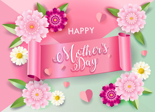 Mother's Day greeting card with flowers, ribbon banner, hearts, blossom, floral background. Spring Holiday decoration, origami, paper cut texture, vector gift, fashion, typography, web banner, design.