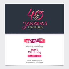 40 years anniversary invite vector illustration. Graphic design element for 40th birthday card, party invitation