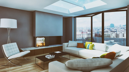 Modern bright interiors room 3D rendering illustration