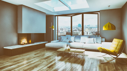 Modern bright interiors room 3D rendering illustration