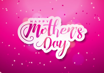 Happy Mothers Day Greeting card with hearth and typographic design on pink background. Vector Celebration Illustration template for banner, flyer, invitation, brochure, poster.