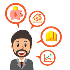 Business concept cartoon businessman talking about different investing options