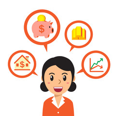 Cartoon businesswoman talking about different investing options