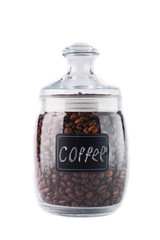 coffee beans in glass jar on white background. Isolated