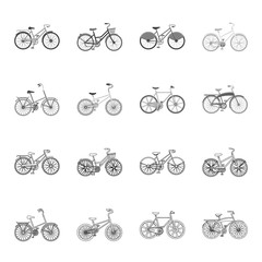 Children bicycle and other kinds.Different bicycles set collection icons in outline,monochrome style vector symbol stock illustration web.