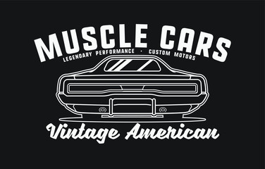 Monochrome American muscle cars label. Vector illustration for print on t-shirt.