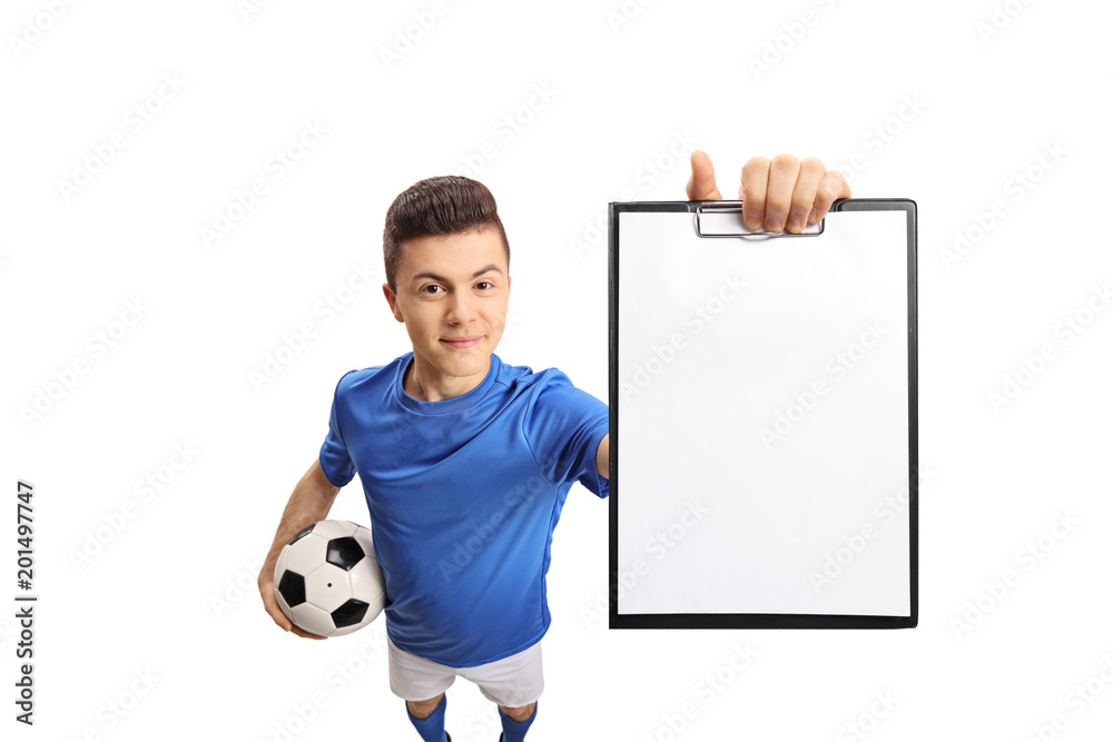 Poster Teenage soccer player showing a clipboard