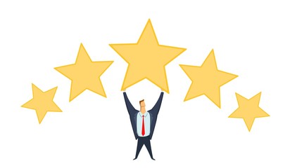 Businessman in office suit holding big star above his head. Achieving goals. Rating. Benchmarking. Race for success. Concept flat vector illustration, isolated on white background.