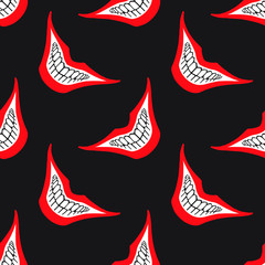 Evil clown or playing card joker smile seamless vector pattern. Creepy, spooky, scary smiles with red painted lips and bared teeth texture. Fool's Day or Halloween funny, irony endless background.