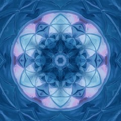 Abstract watercolor kaleidoscope texture background. Blue neon graphic design creative artwork. Fantasy style sacred geometry art wallpaper.