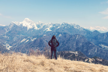 Obraz premium Sportive woman looking the mountains, Adventure Girl Freedom Sensation Outdoors 