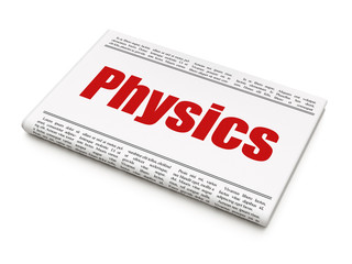 Learning concept: newspaper headline Physics on White background, 3D rendering