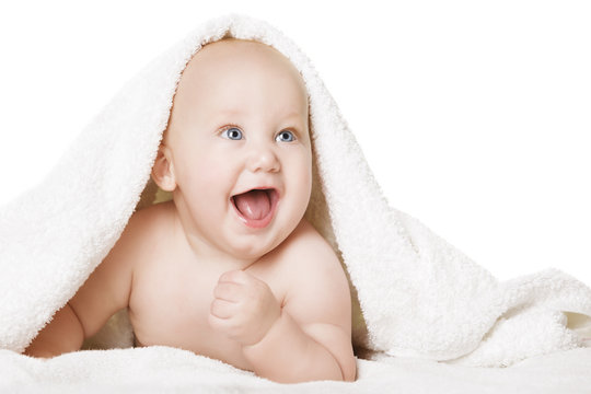 Baby Covered with White Towel, Happy Six Months Old Kid under Blanket, Clean Infant Child over White Background