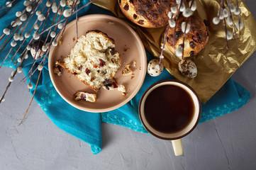 Panettone. Traditional Italian holiday cake. Fresh, soft, buttery rich sweet bread with plump rum-soaked raisins