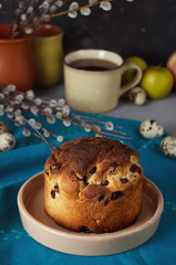 Panettone. Traditional Italian holiday cake. Fresh, soft, buttery rich sweet bread with plump rum-soaked raisins