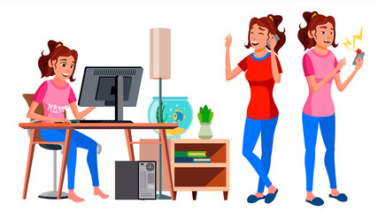 Freelancer Worker Vector. Woman. Successful Officer, Clerk, Servant. Adult Woman. Working At Home. Face Emotions, Various Gestures. Isolated Flat Cartoon Illustration