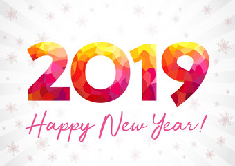 2019 Happy New Year xmas greetings. White snowy winter background, fiery flamy stained glass isolated bright numbers. Seasonal digits % percent off sale, colored 0 null zero, one, two and nine symbols