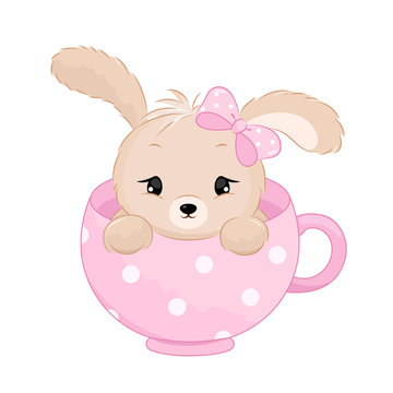 Cute baby girl rabbit inside the cup. Pastel colors vector illustration.