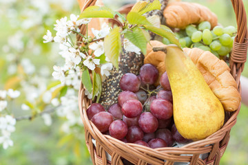 healthy life, nature, treatment concept. close up of gorgeous basket for a picnic that is full of appetizing fruits such as big yellow pear and variety of grape, they are placed by bakery goods