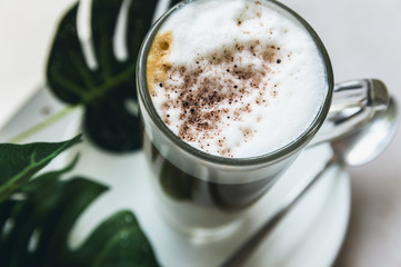 A cup of Hot cappuccino latte coffee with cinnamon sprinkles on top on wooden white dinner table with a green leaf in a  background