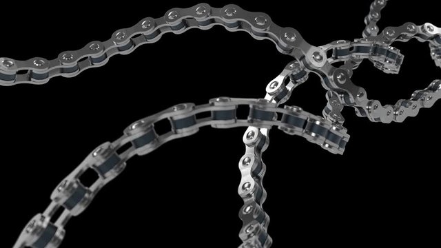Metal chains intertwining on black background, bicycle, machine chain