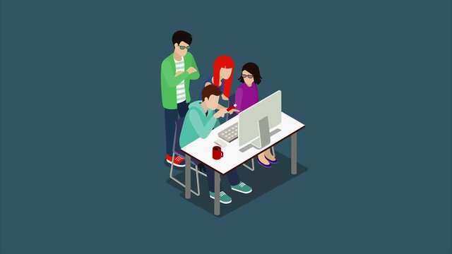 Brainstorming creative team animation 4K video. Discussion people flat 3d isometric cartoon animated concept. Teamwork staff around table chief art director designer programmer.