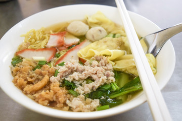 Close up noodle and dumpling asian food style ready to eat