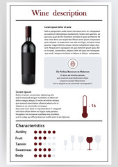 Vector illustration.Brochure,form describing the characteristics of red wine.Feed temperature,brief description,history of origin, tableware glass for serving,taste criteria.Tannins,acidity,fortress.