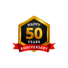 Happy 50 years golden anniversary logo celebration with diamond frame and ribbon.