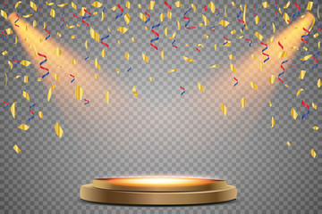 Stand of the podium with lighting, Scene from the award ceremony on a transparent background, with falling confetti. Vector illustration.