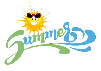 Happy sun with sunglasses. Summer. Lettering design. Vector illustration
