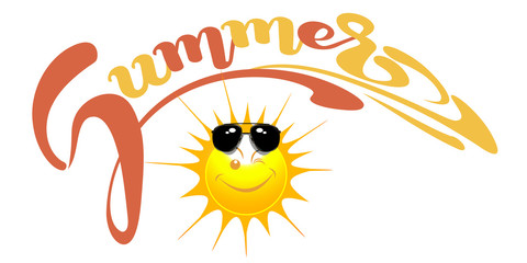 Happy sun with sunglasses. Summer. Lettering design. Vector illustration