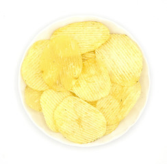 fresh organic potato chip, isolated on white background, snack on the white dish on top view