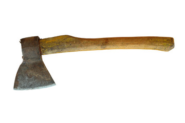 An old ax with a wooden handle. Ax close-up on a white background. Isolated.