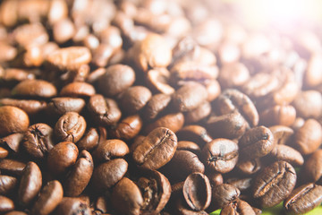 Fototapeta premium coffee beans closeup in sunlight on green background