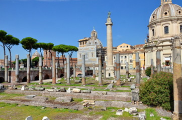 Fototapeta na wymiar Trajan's Column and Basilica Ulpia and the Church of Santa Maria di Loreto, Rome