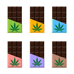 Vector Set Of Chocolate Bar Package Designs with marijuana leaf. Narcotic sweets. Isolated vector illustration on white background.
