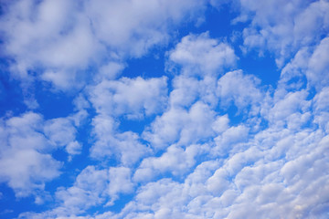 delicate white clouds in spring bright blue sky, background texture