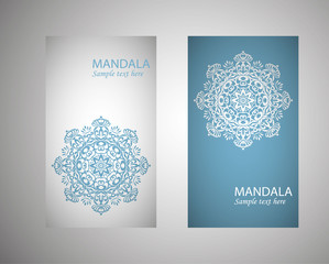 flyer, flyer, cover, pattern mandala. Oriental motif. Hand painted texture background. Set wedding invitations, postcards and business card templates. Decorative card design printing. Vector. EPS 10