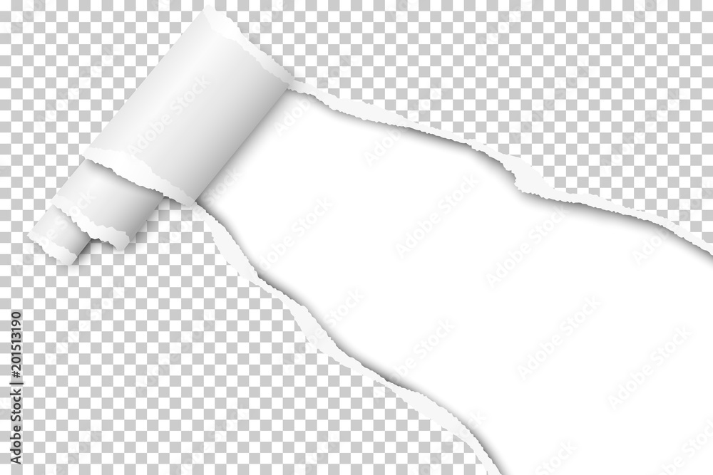 Wall mural diagonally snatched middle of transparent paper with torn edges, shadow, paper curl and white backgr