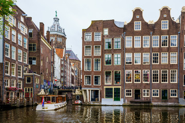 Amsterdam canals and typical dutch houses in capital of Netherlands, Europe