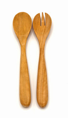 natural wooden spoon, fork (couple) isolated on white background for scooping the food, eating or mix herbles. It put in the kitchen